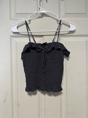 American Eagle Outfitters Black Smocked Ruffle Crop Cami